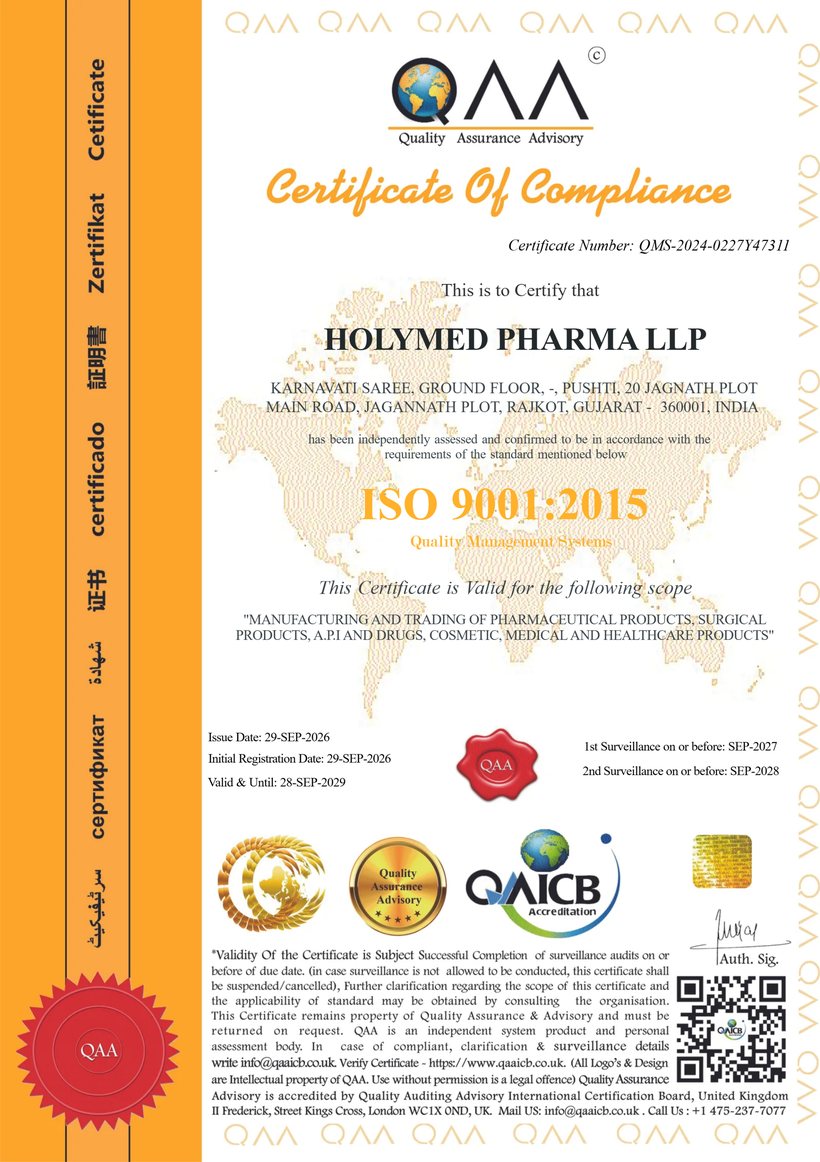 HolyMed Pharma LLP ISO 9001:2015 certificate of compliance, certificate number QMS-2024-0227Y47311, valid until 28 September 2029