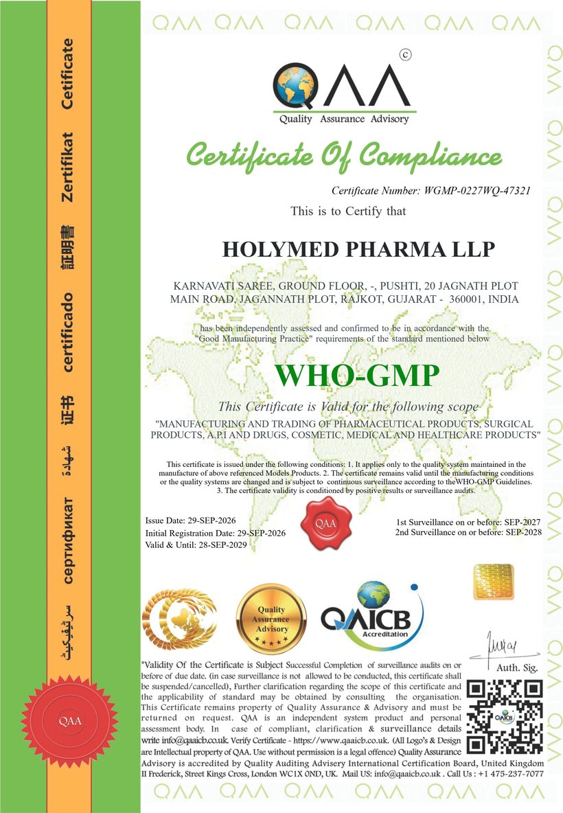 HolyMed Pharma LLP WHO-GMP certificate of compliance, certificate number WGMP-0227WQ-47321, valid until 28 September 2029